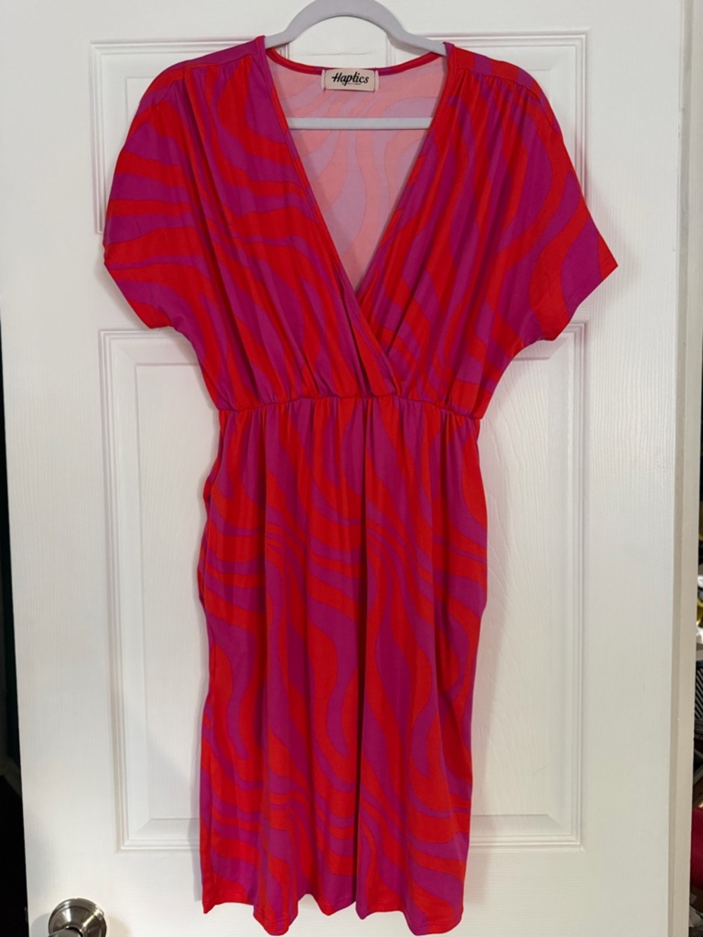 Haptics Pink & Red Mini Dress - Bold V-Neck Day Dress